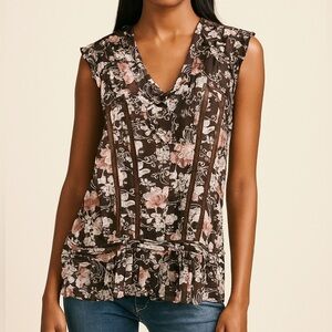 DKNY JEANS Brown Floral Silk/Cotton Ruffled‎ Blouse Size Large Feminine Delicate